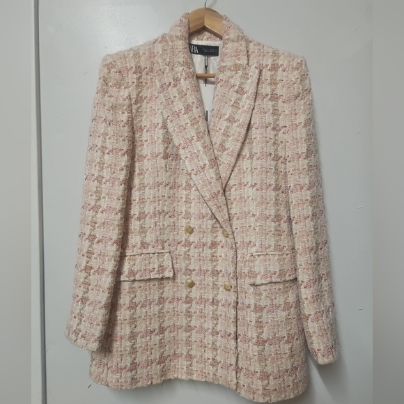 Zara Jackets & Blazers - Zara Double Breasted Tweed Blazer Jacket Houndstooth  Siz LGold Buttons Two Fr